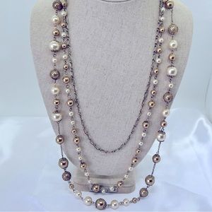 28’ Gold Tone Necklace with Cradle Faux Multi Tone Pearls Layered Strands
